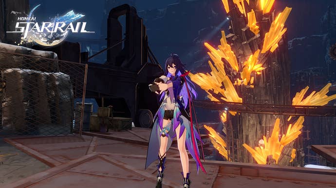 Star Rail Seele build: An anime woman in a butterfly-style outfit, with long indigo hair, stands in front of a gigantic ore deposit glowing with orange light.