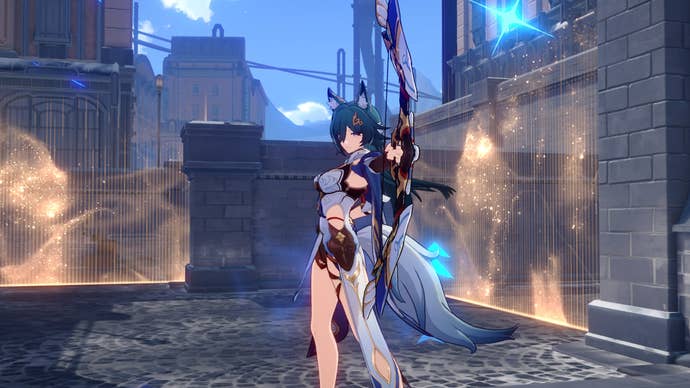 Honkai Star Rail Yukong build: An anime woman with a revealing white dress and long green hair is standing on a paved road holding a giant white bow