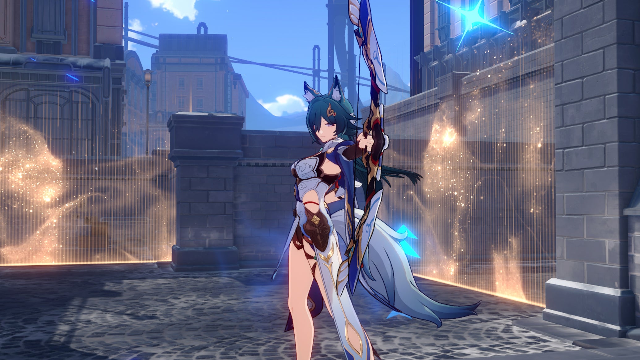 Honkai Star Rail Yukong build: An anime woman with a revealing white dress and long green hair is standing on a paved road holding a giant white bow - 1