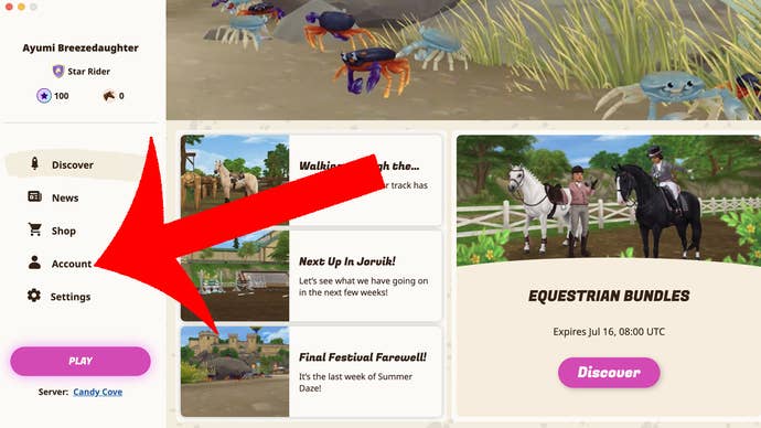An arrow pointing at the account button on the Star Stable app.