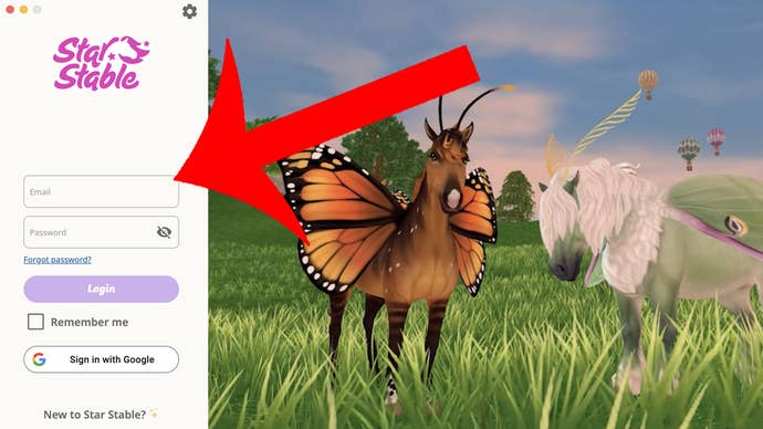 An arrow pointing at the menu used to log in on the Star Stable app.