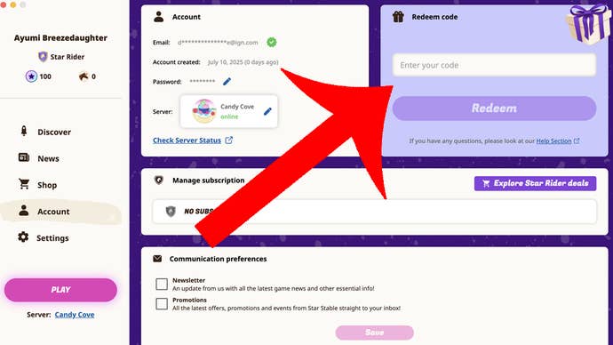 An arrow pointing at the menu used to redeem codes in the Star Stable app.