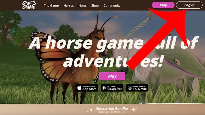 An arrow pointing at the log in button on the Star Stable website.