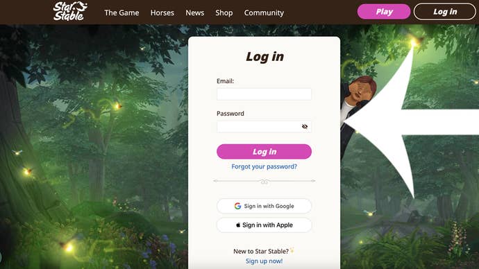 An arrow pointing at the log in menu on the Star Stable website.