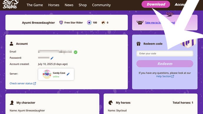 An arrow pointing at the menu used to redeem codes on the Star Stable website.