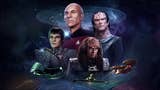 Star Trek Infinite official artwork showing several well-known characters in a montage such as Captain Picard and Gowron.