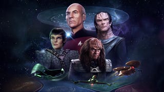 Star Trek Infinite official artwork showing several well-known characters in a montage such as Captain Picard and Gowron.