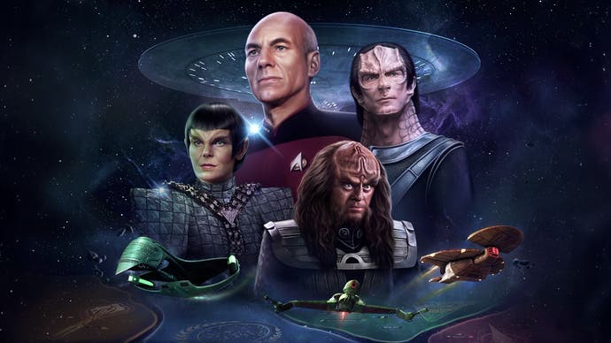 Star Trek Infinite official artwork showing several well-known characters in a montage such as Captain Picard and Gowron.