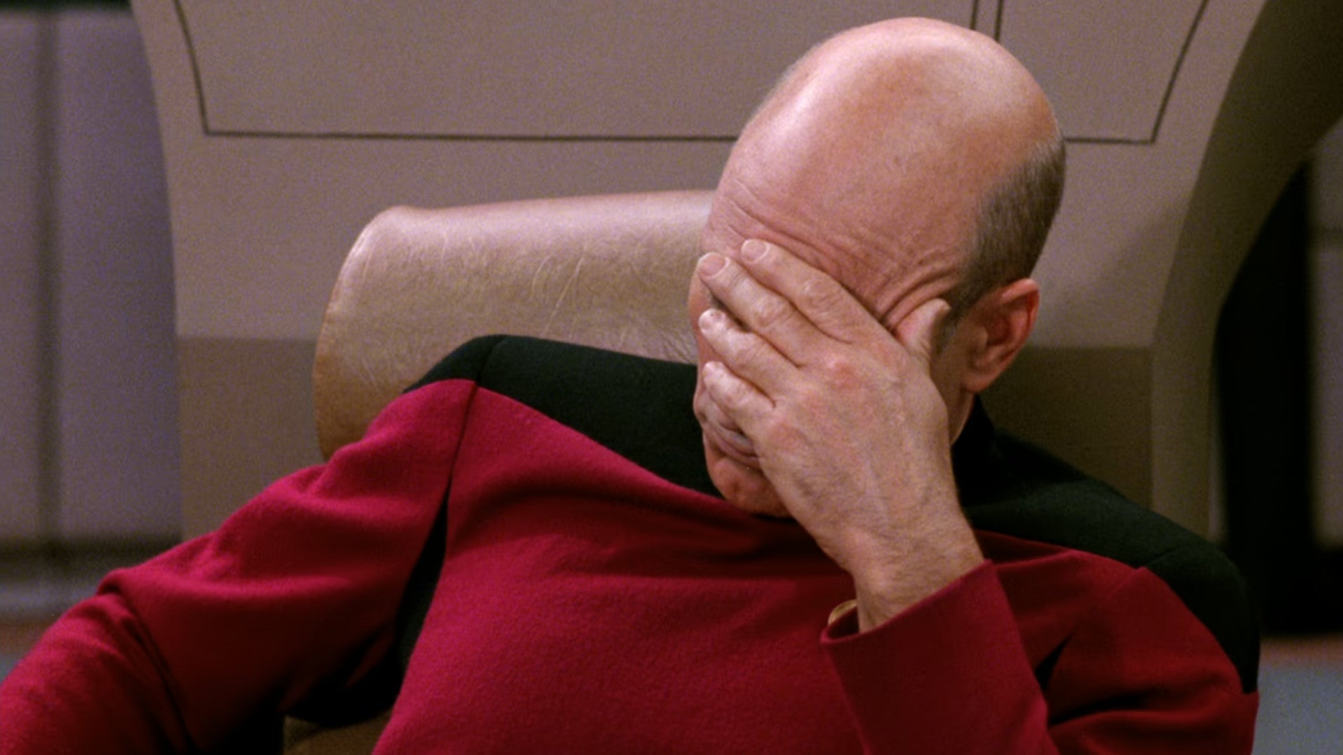 Captain Picard facepalms in the Star Trek: The Next Generation episode 'Deja Q'. - 1