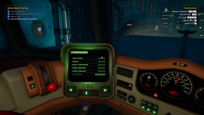 A green text monitor showing diagnostics and core system health in Star Trucker.