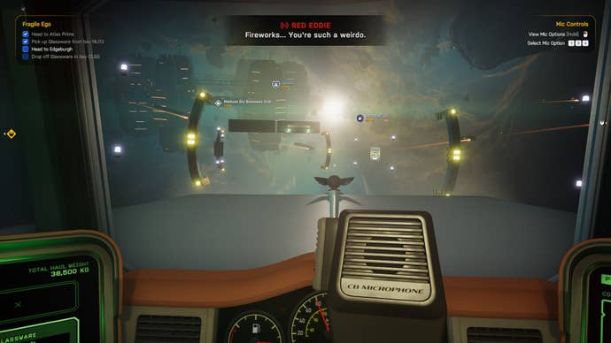 Holding a conversation via the CB radio in Star Trucker.