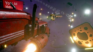 A Star Trucker screenshot showing a space rig cruising along a floating highway among the stars.