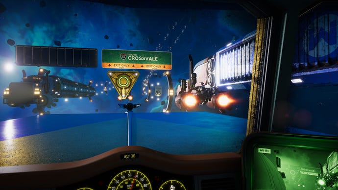 A view from the inside of a space truck, showing the truck dashboard, and a neighbouring truck passing by on the space highway in Star Trucker