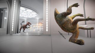 Dinosaurs fighting in a Star Wars Battlefront 2: JurassicFront screenshot.