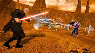 Count Doku is using force lightning against Stormtroopers in the Star Wars: Battlefront Classic Collection.