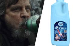 Luke Skywalker in The Last Jedi drinking blue milk from a cannister to the left, a carton of Star Wars-themed blue milk on the right.