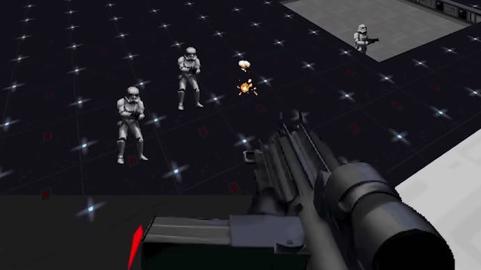 The player shoots a blaster at Stormtroopers below in gameplay from Star Wars: Dark Forces Remaster