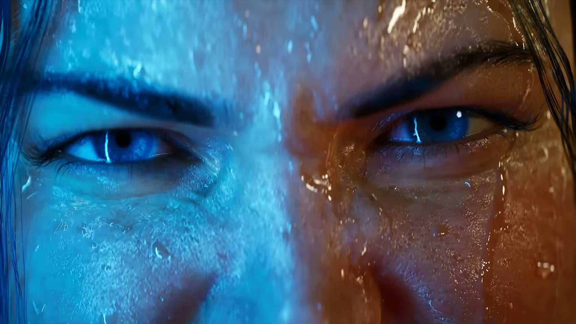 A close-up of a woman, a blue light shiningon the right side of her face, in the reveal trailer for Star Wars: Fate of the Old Republic. - 1