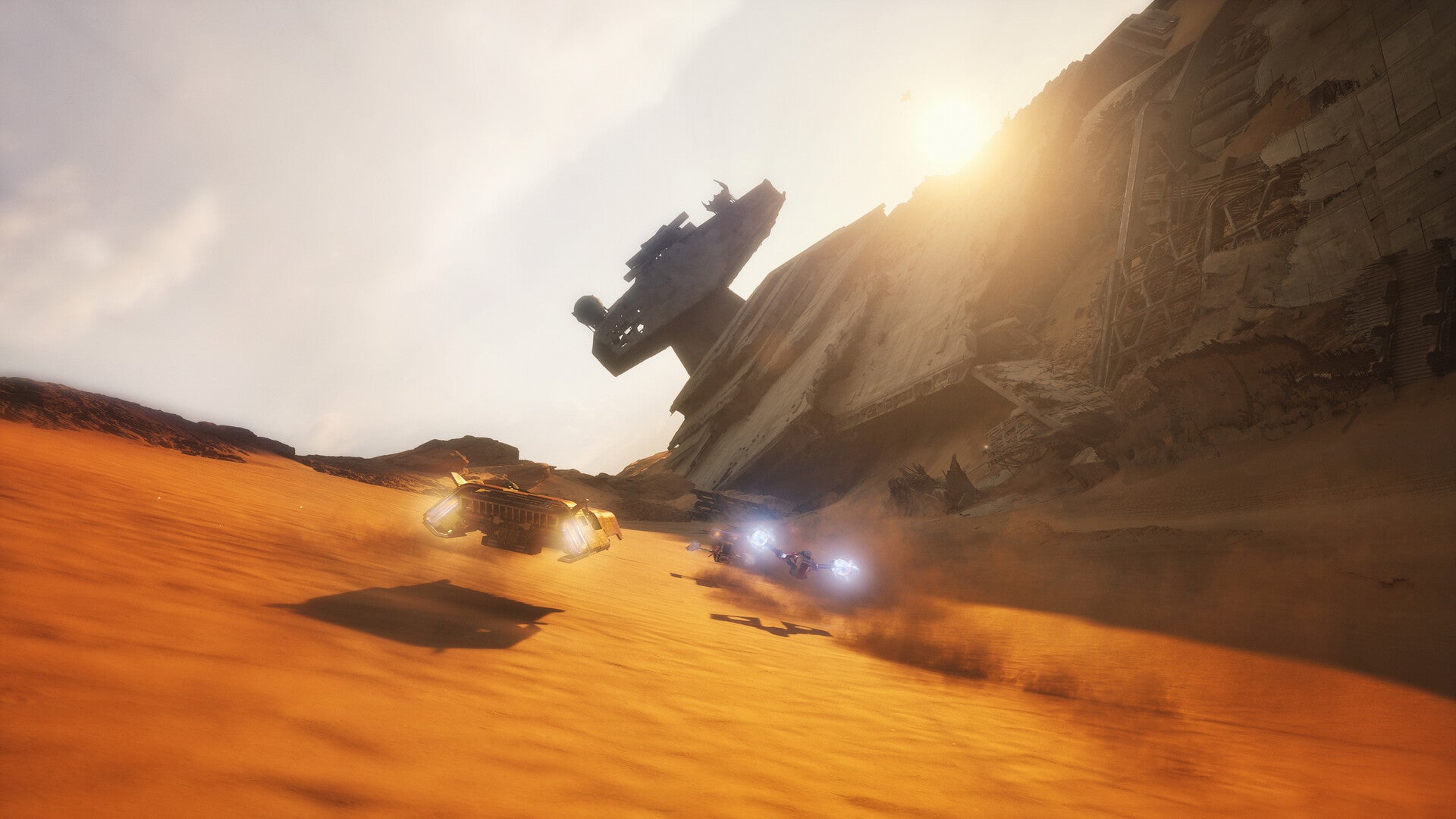 Some speeders racing through a star destroyer graveyard in Star Wars: Galactic Racer. - 1