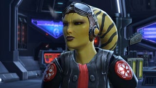 A green alien lady scowls in Star Wars: The Old Republic.