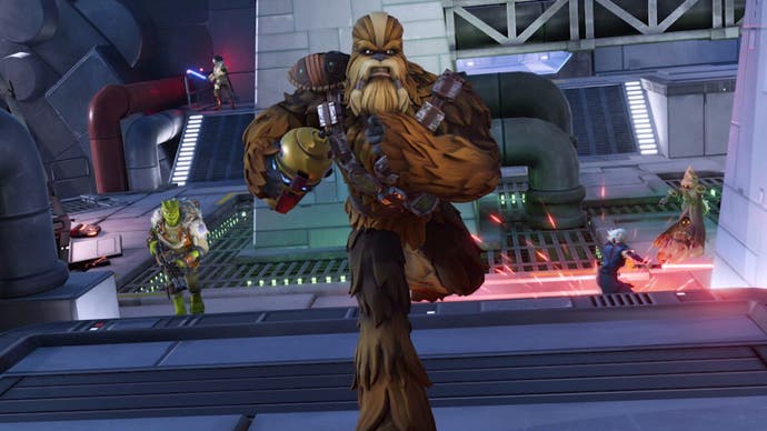  Hunters screenshot showing a wookie running away from a group of opponents with a droid tucked under its arm.