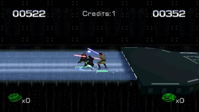 An in-game battle from the videogame Jedi Power Battles, featuring Darth Maul, Qui-Gon Jinn and Obi-Wan Kenobi