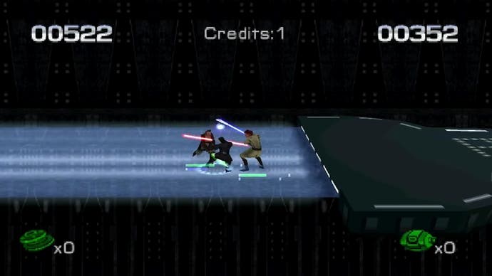 An in-game battle from the videogame Jedi Power Battles, featuring Darth Maul, Qui-Gon Jinn and Obi-Wan Kenobi