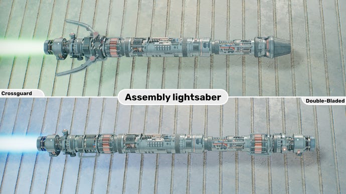 Two close-up images of the Assembly lightsaber in Jedi: Survivor. The top image is of the lightsaber in Crossguard form with a green blade, while the bottom image is of the double-bladed form with a blue blade.