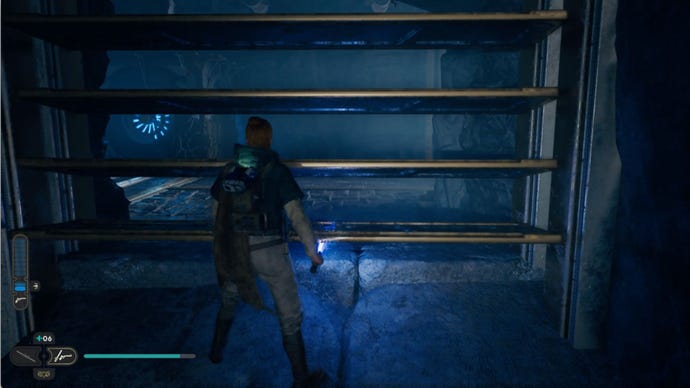 A peek through the grate in the Star Wars Jedi: Survivor Chamber of Clarity.