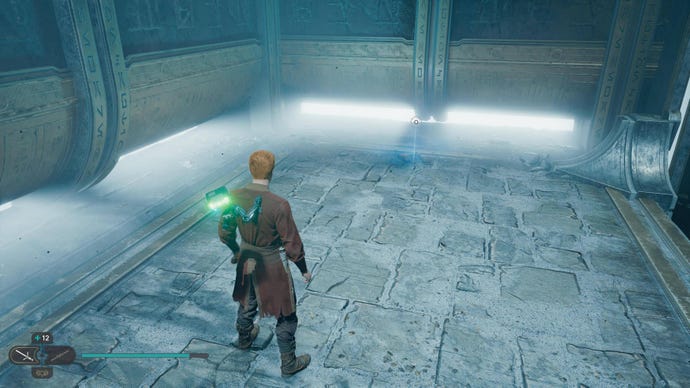 Cal approaches and picks up a collectible item on Koboh in Jedi: Survivor.