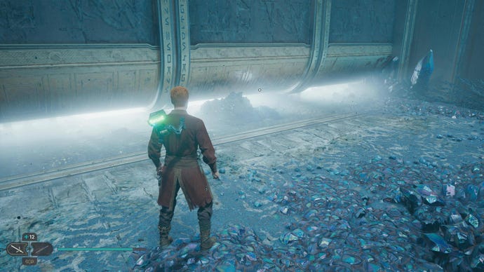 Cal approaches and picks up a collectible item on Koboh in Jedi: Survivor.