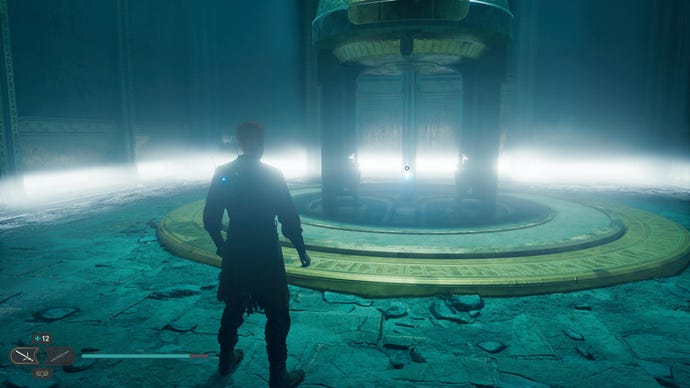 Cal approaches and picks up a collectible item on Koboh in Jedi: Survivor.