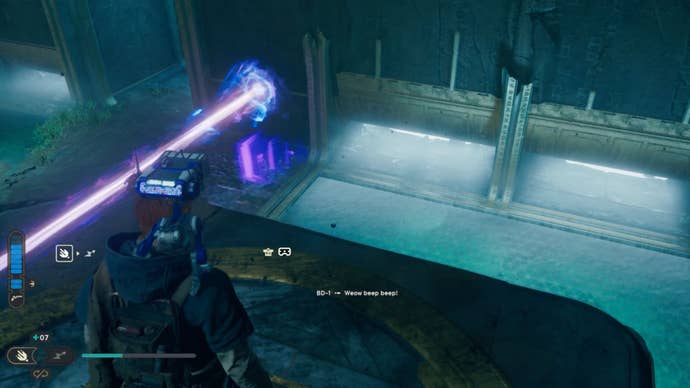 The view of the laser from the pressure plate platform in the Star Wars Jedi: Survivor Chamber of Connection.