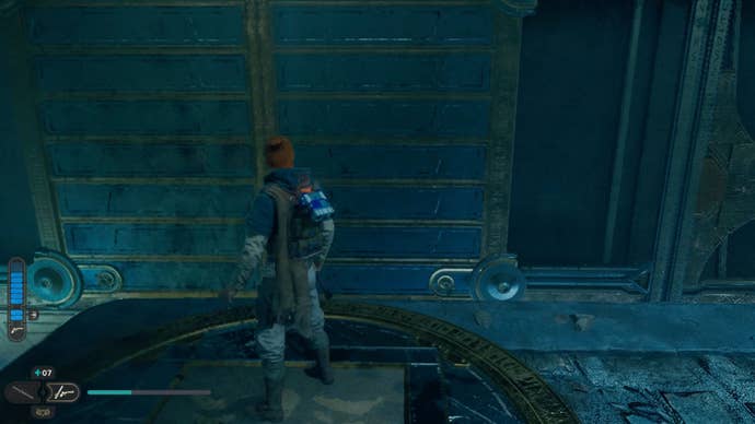 The wall ahead of the pressure plate platform in the Star Wars Jedi: Survivor Chamber of Connection.