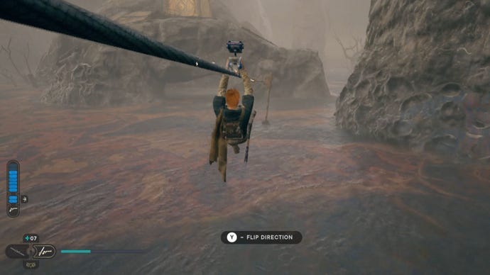 The zip line leading to the entrance of the Star Wars Jedi: Survivor Chamber of Connection.