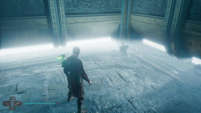 Cal approaches and picks up a collectible item on Koboh in Jedi: Survivor.