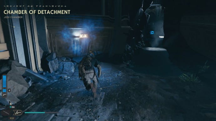 Cal approaches and picks up a collectible item on Koboh in Jedi: Survivor.