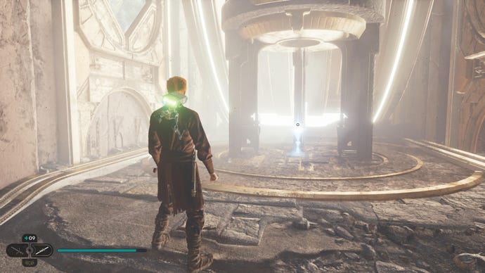 Cal approaches and picks up a collectible item on Koboh in Jedi: Survivor.