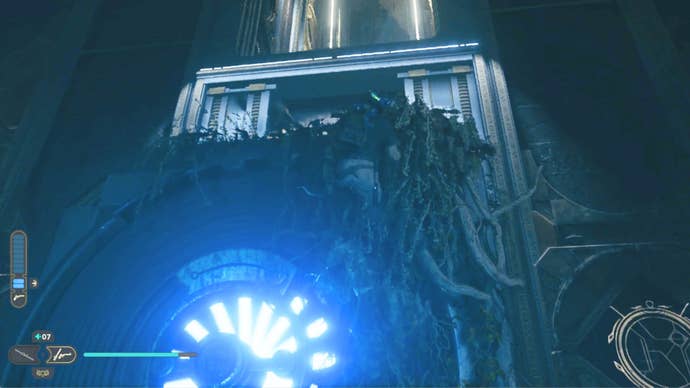 Cal Kestis climbs the vines in the Star Wars Jedi: Survivor Chamber of Detatchment.