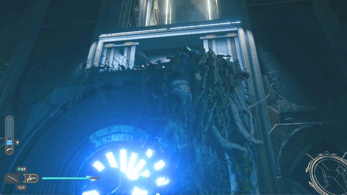 Cal Kestis climbs the vines in the Star Wars Jedi: Survivor Chamber of Detatchment.
