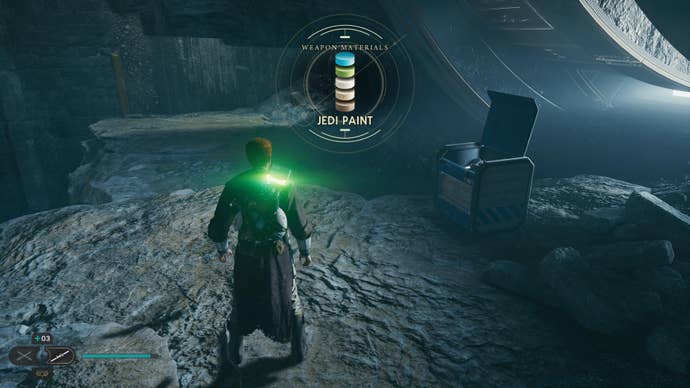 Cal approaches and picks up a collectible item on Koboh in Jedi: Survivor.