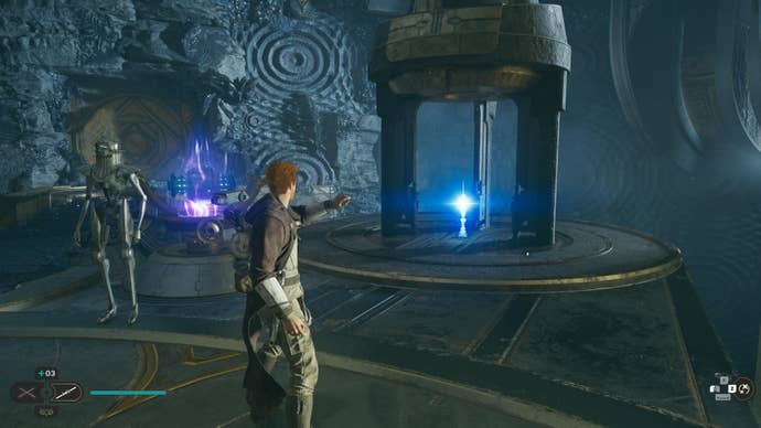 Cal approaches and picks up a collectible item on Koboh in Jedi: Survivor.