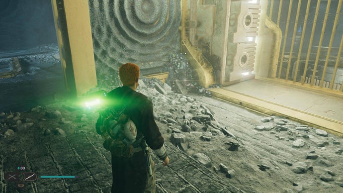 Cal approaches and picks up a collectible item on Koboh in Jedi: Survivor.