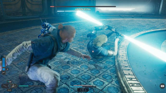 Cal Kestis fights Anoth Estra, a boss in the Star Wars Jedi: Survivor Chamber of Fortitude.