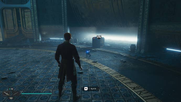 Cal approaches and picks up a collectible item on Koboh in Jedi: Survivor.