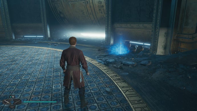 Cal approaches and picks up a collectible item on Koboh in Jedi: Survivor.