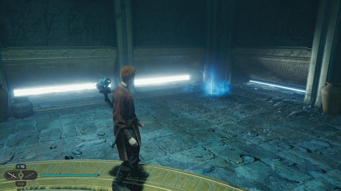 Cal approaches and picks up a collectible item on Koboh in Jedi: Survivor.