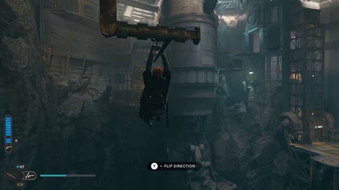 Cal Kestis hangs on a zip line leading to the Star Wars Jedi: Survivor Chamber of Fortitude.