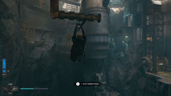 Cal Kestis hangs on a zip line leading to the Star Wars Jedi: Survivor Chamber of Fortitude.