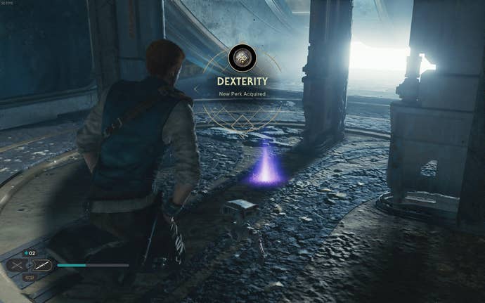 Cal approaches and picks up a collectible item on Koboh in Jedi: Survivor.